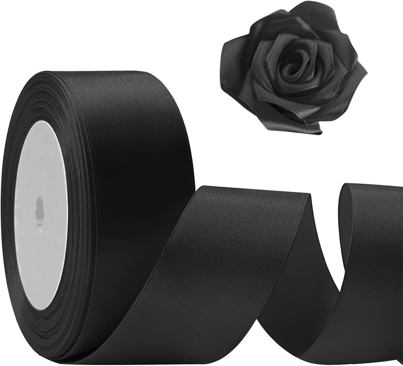 Flezoo 25 Yards Black Satin Ribbon 1 1/2inch, Single Face Polyester Silk Fabric Hair String Ribbon for Craft, Flower Bouquets, Gift Wrapping, Wedding, Bow Making and Valentines Decoration - Image 1
